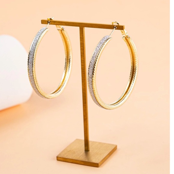 Yellow Gold Tone Large Hoop Earrings Fashion Jewelry Encrusted Faux Stone - Picture 3 of 4